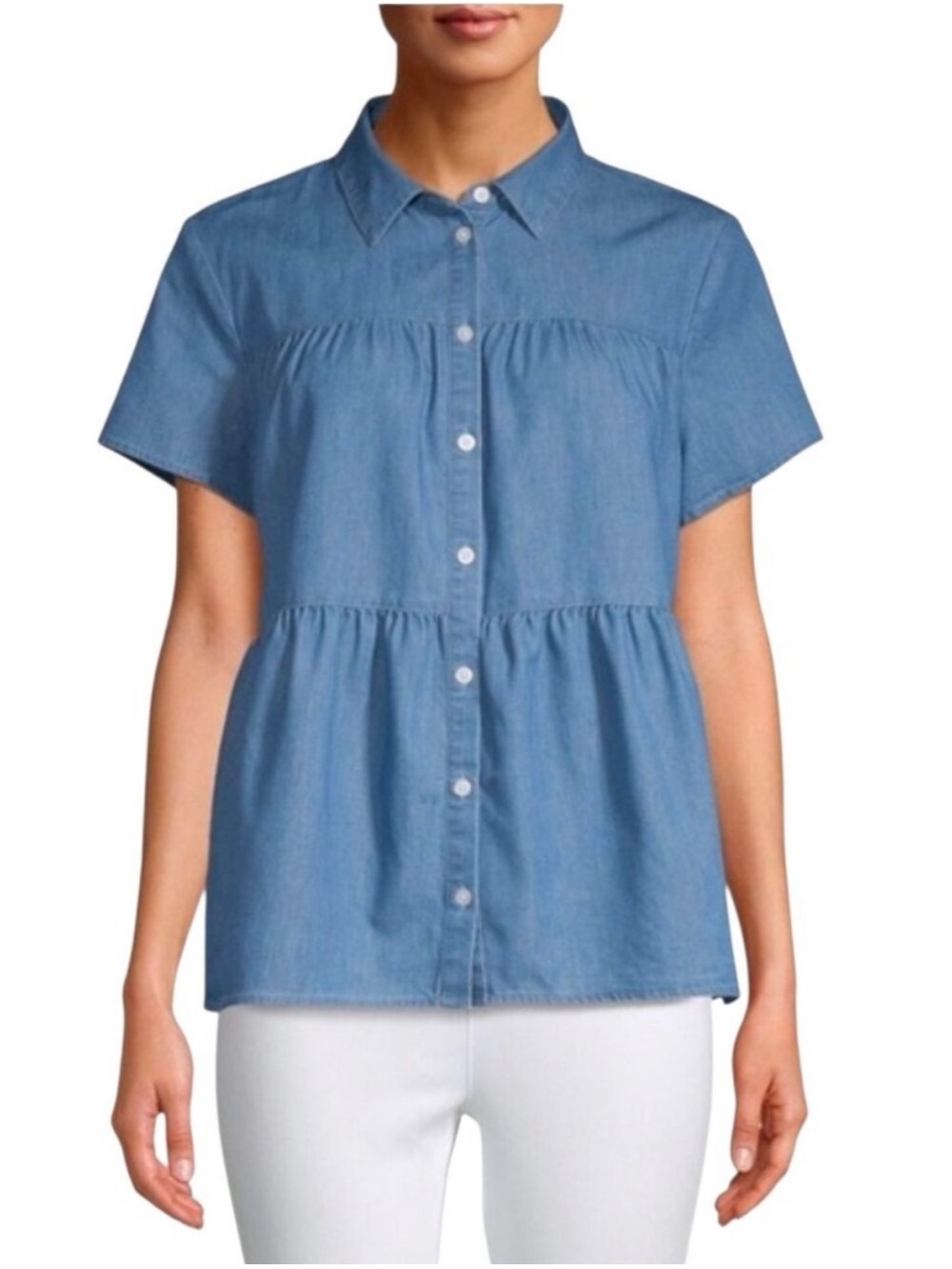 4/$25 Time and Tru Blue Short-Sleeve Chambray Button-Front Tiered Peplum Top